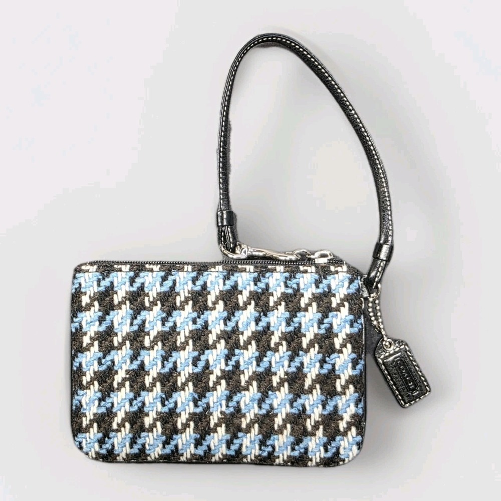 Coach Houndstooth Tweed Wristlet Blue Black Zip Pouch Small Bag EUC